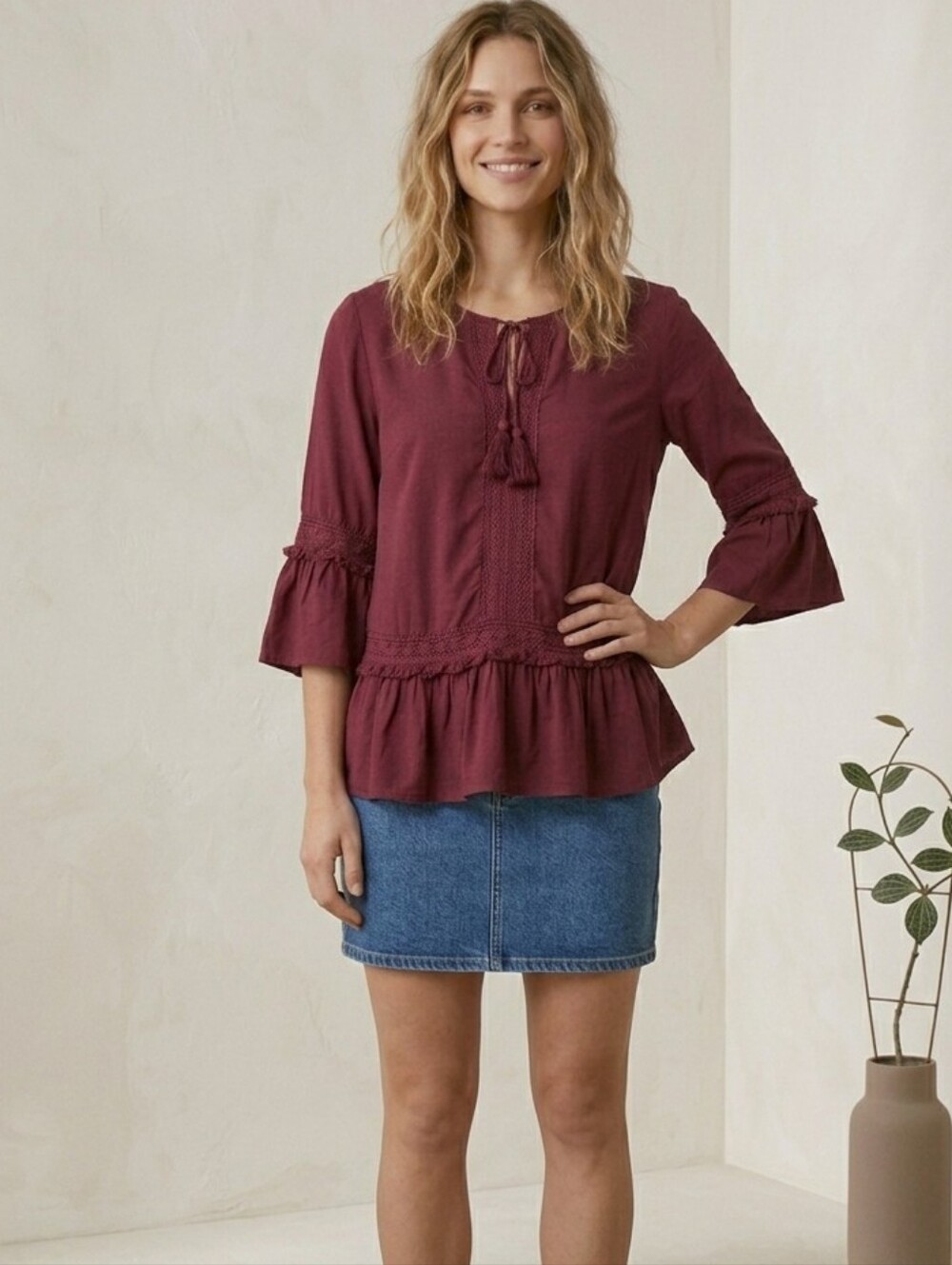 NWT! a.n.a Cranberry Crochet Lace Trim 100% Cotton Peasant Top Size Med